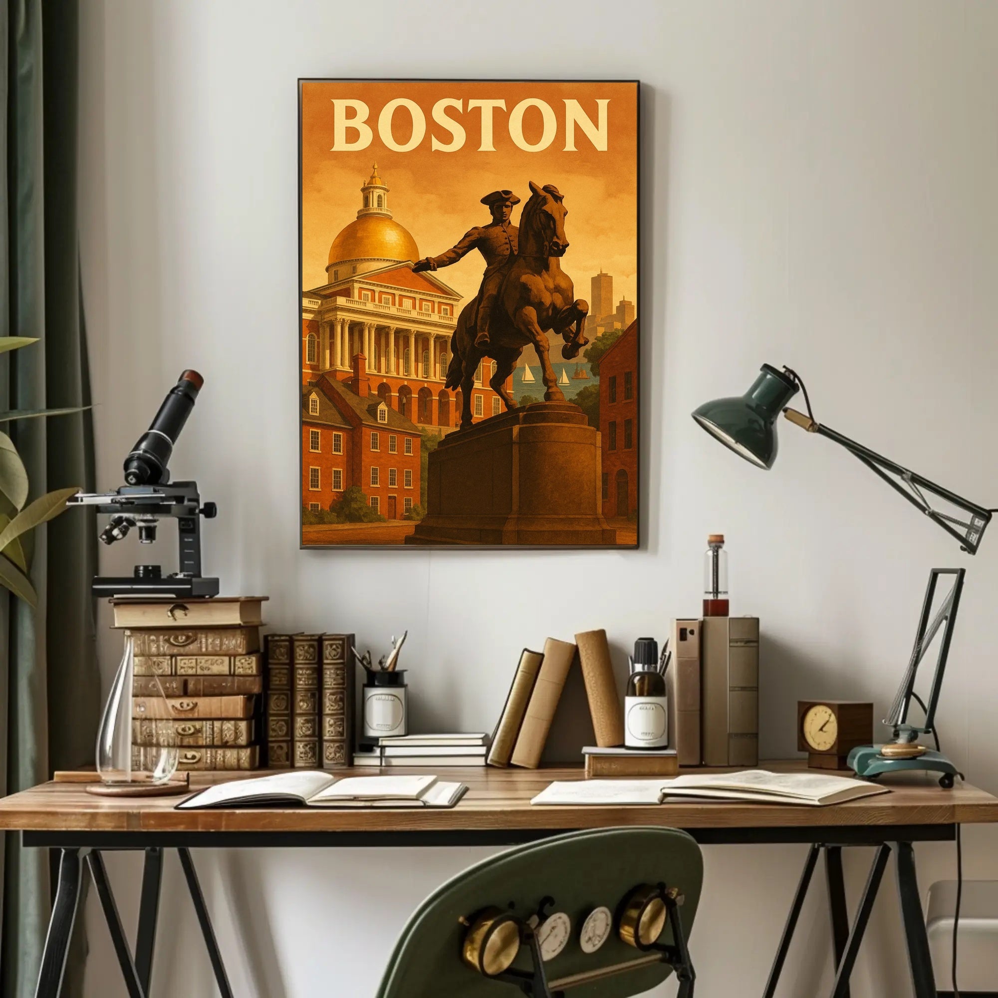 Boston's Grandeur: Equine Statue with State House Travel Poster