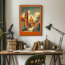 Vibrant Cityscape with Soaring Plane Poster