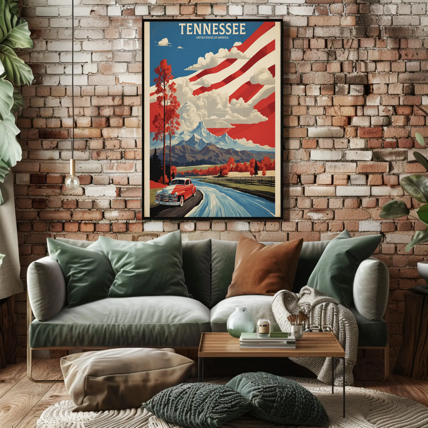 Tennessee Mountains Road Classic Car Vintage Travel Poster