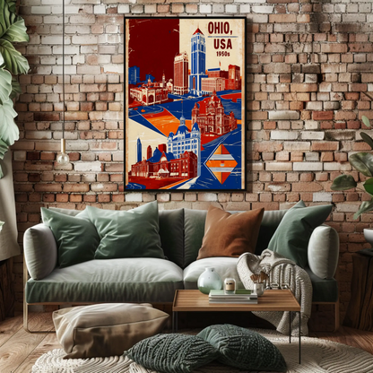 Ohio USA 1950s Civic Towers Vintage Travel Poster