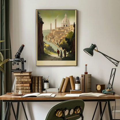 Hilltop Cityscape By The River In Italy Travel Poster