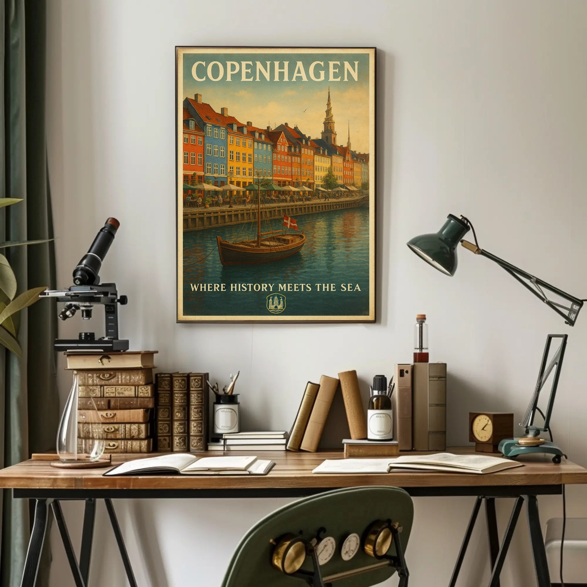 Copenhagen Waterfront Nyhavn Vintage Travel Scene Poster