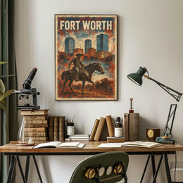 Fort Worth Cowboy Cityscape Vintage Collector Poster