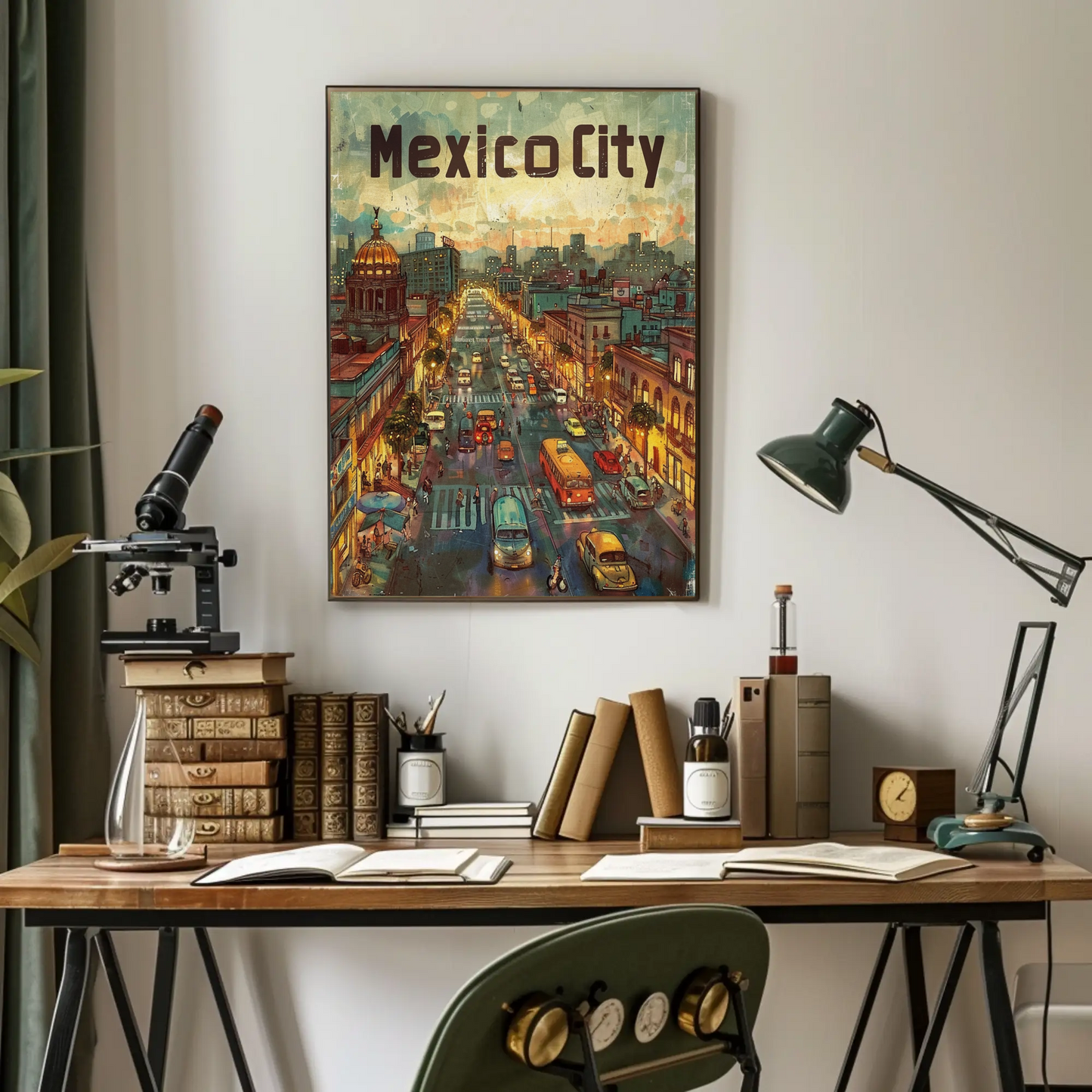 Mexico City Urban Nightlife Lanterns Travel Poster