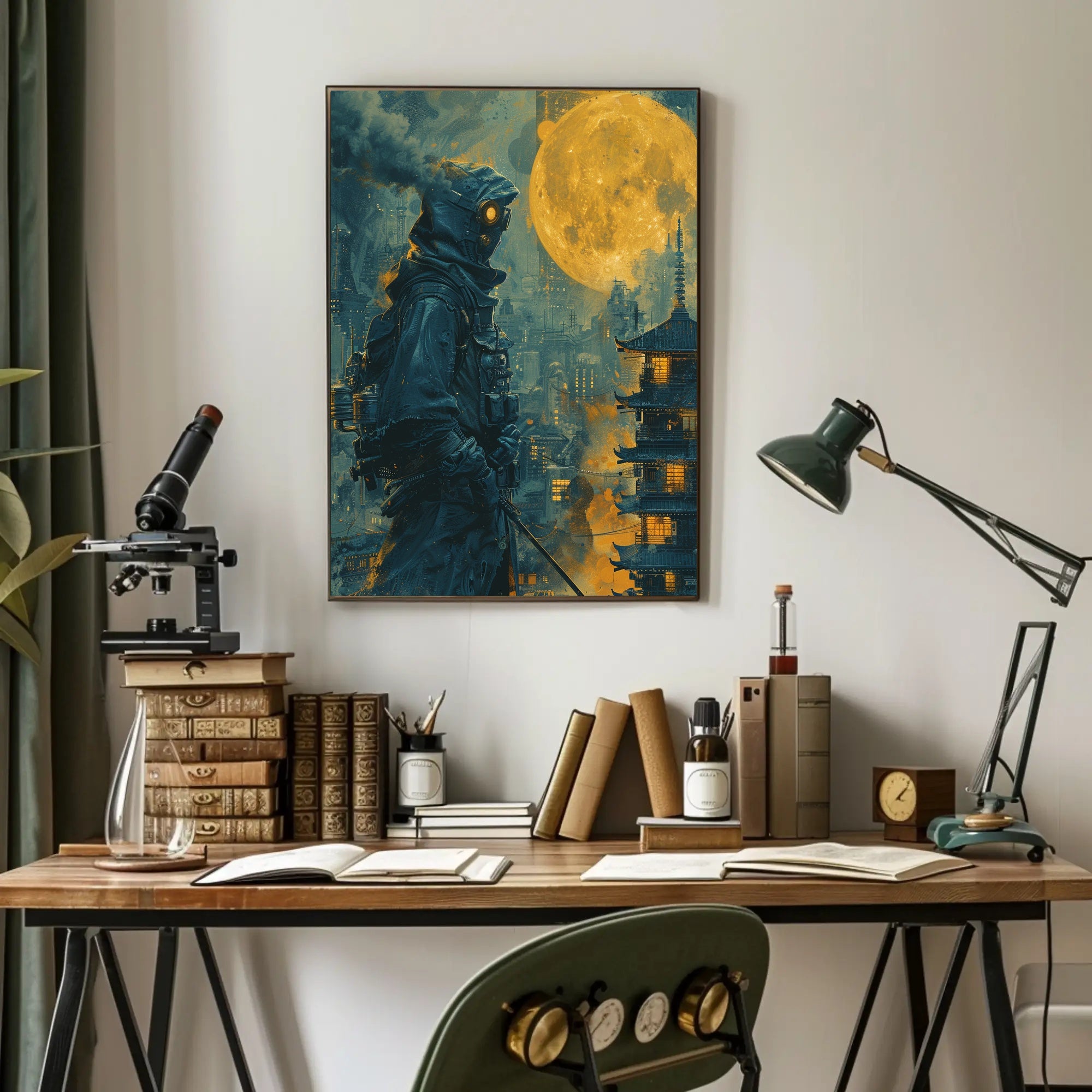 Futuristic Samurai Under A Full Moon Poster PosterGoat
