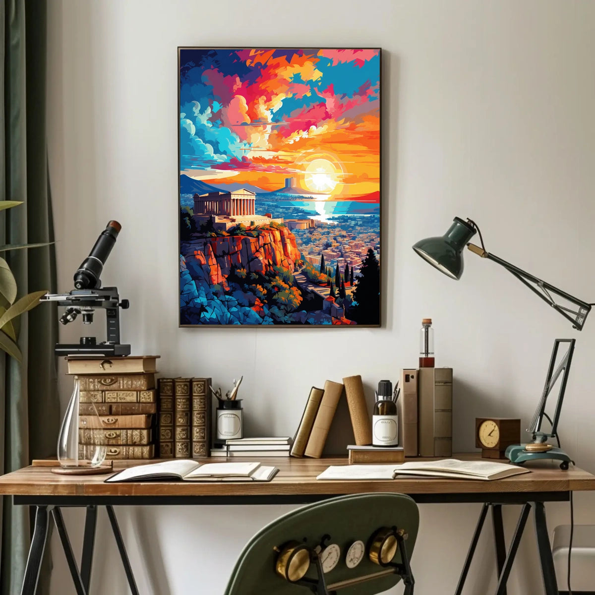 Vibrant Sunset Over City with Ancient Temple Heritage Poster
