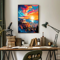 Vibrant Sunset Over City with Ancient Temple Heritage Poster