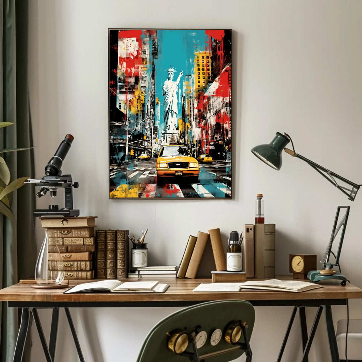 Vibrant Yellow Taxis and Liberty: Bold New York Travel Poster