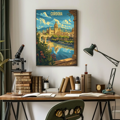 Cordoba Bridge and Cathedral Scenic River Travel Poster
