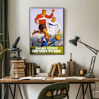 Dynamic Vintage Soviet Soccer Match Illustration Sports Poster