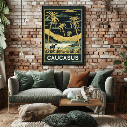 Caucasus Desert Palms Camel Rider Landscape Vintage Travel Poster