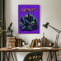 Dynamic Neon Detroit Art: Urban or Cityscape Poster