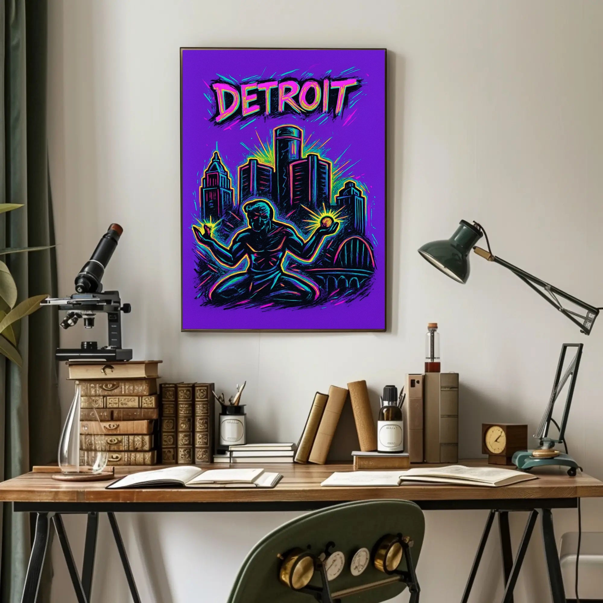 Dynamic Neon Detroit Art: Urban or Cityscape Poster