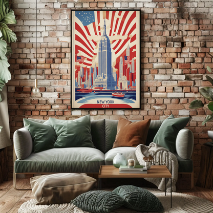 New York Empire Skyline Flags Vintage Travel Poster
