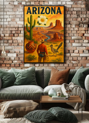 Arizona Desert Cowboy Saguaro Sunset Vintage Travel Poster