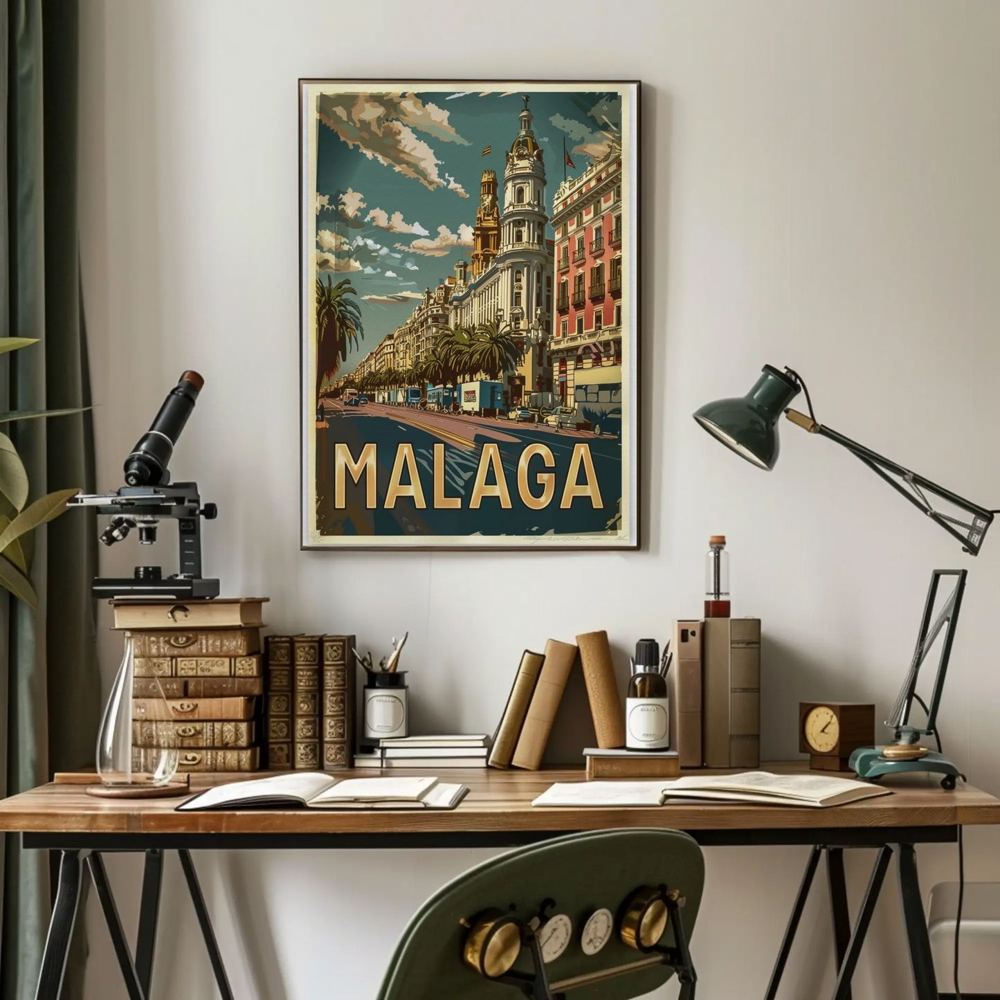 Malaga Urban Cityscape with Palm-Lined Boulevard Travel Poster