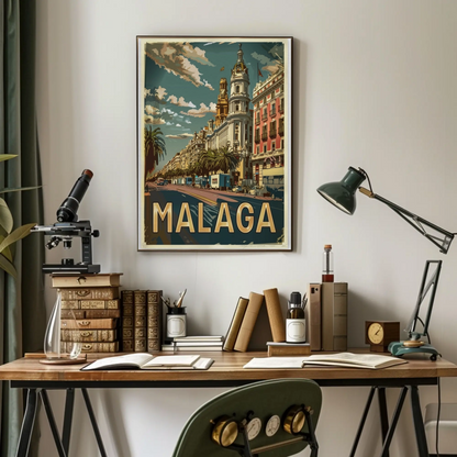 Malaga Urban Cityscape with Palm-Lined Boulevard Travel Poster