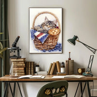 Adorable Fluffy Tabby Cat Sleeping In Basket Poster