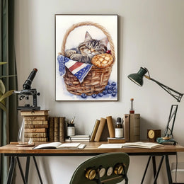 Adorable Fluffy Tabby Cat Sleeping In Basket Poster
