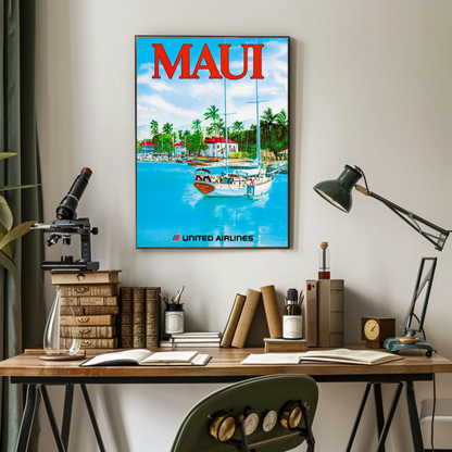 Maui Hawaii Harbor Sailboats Airlines Travel Poster
