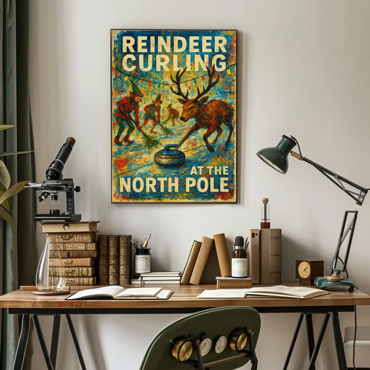 Reindeer Curling at the North Pole Poster