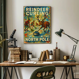 Reindeer Curling at the North Pole Poster