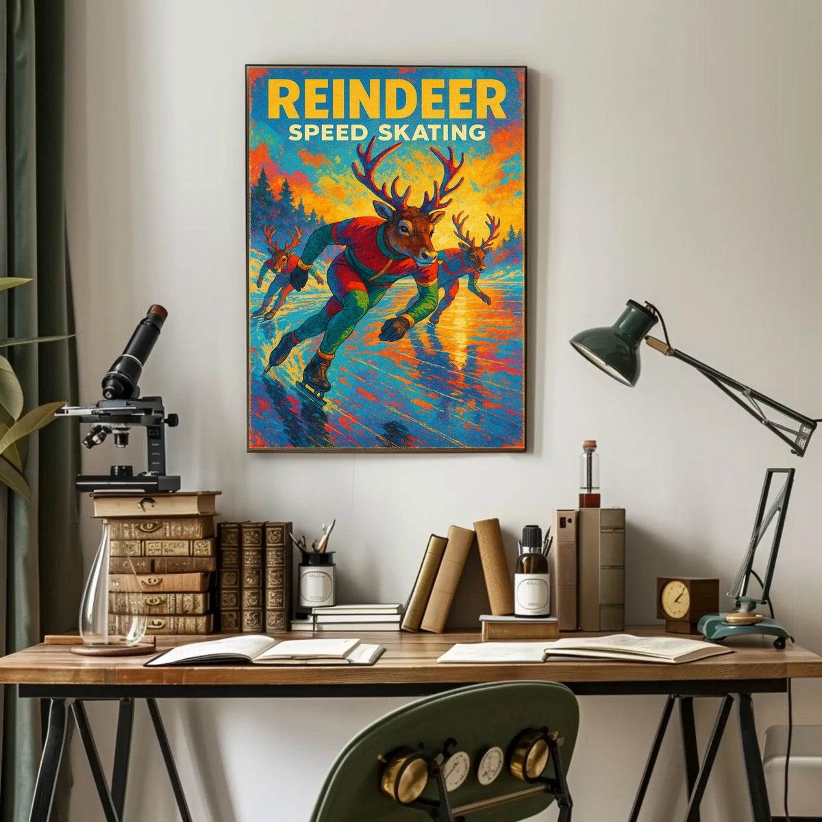 Speed Skating Reindeer Winter Wonderland Sports Poster