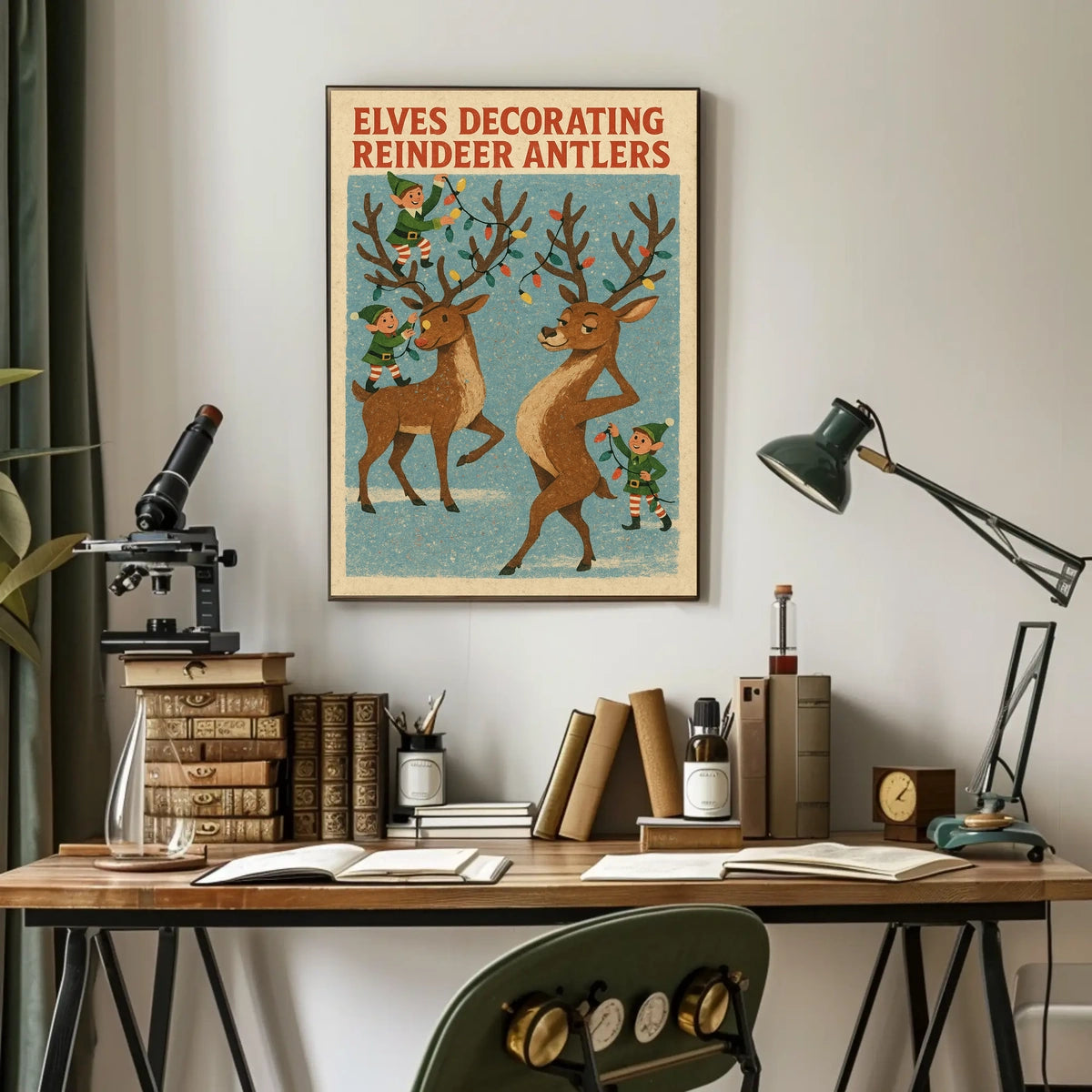 Elves Decorating Reindeer Antlers Poster