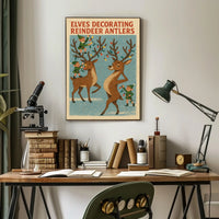 Elves Decorating Reindeer Antlers Poster