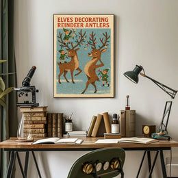 Elves Decorating Reindeer Antlers Poster