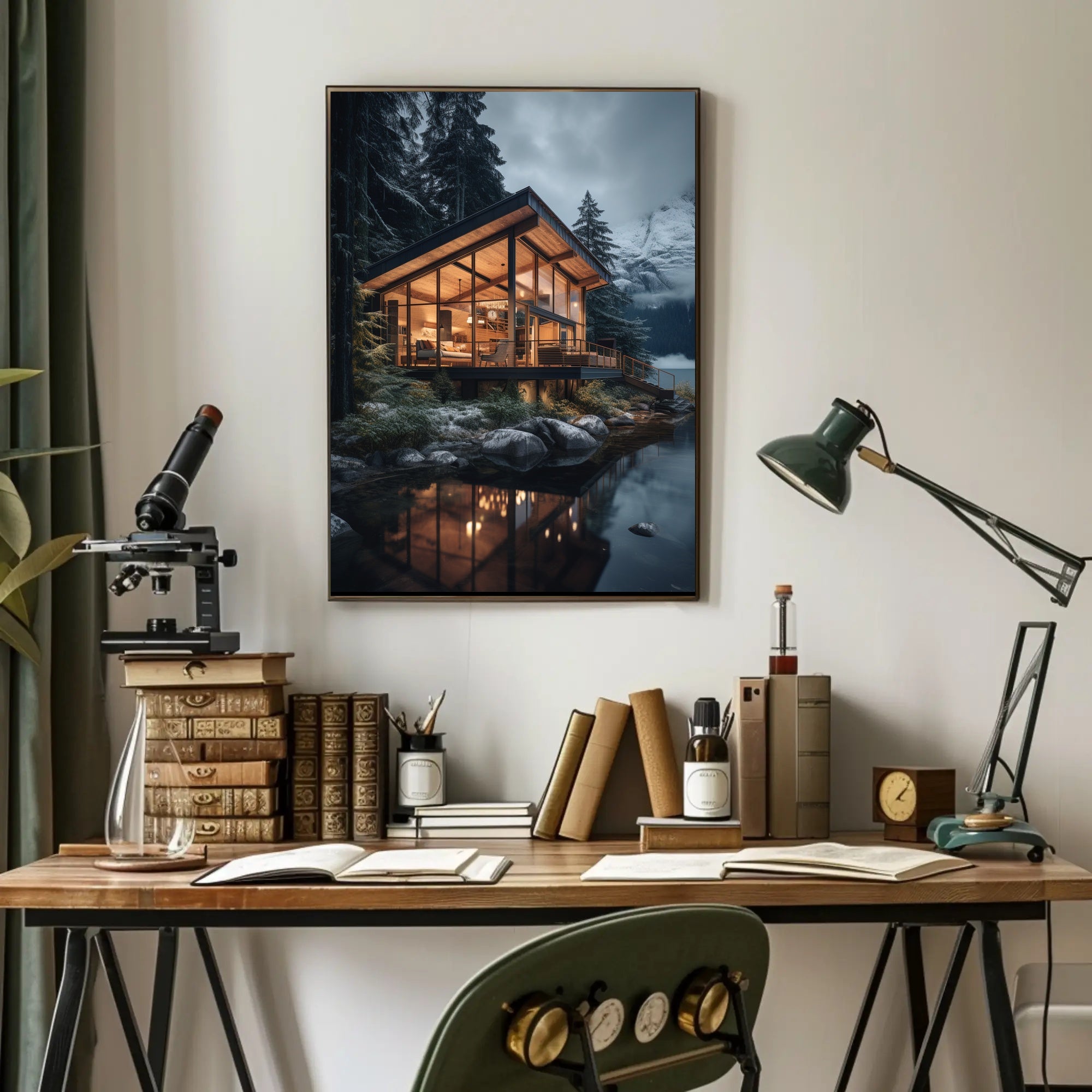 Modern Mountain Retreat in Snowy Forest Poster