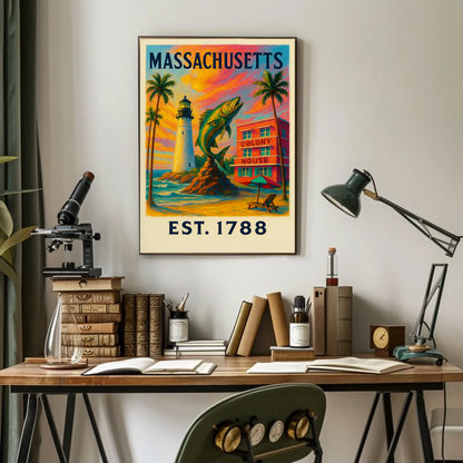 Massachusetts Lighthouse Fish Colony House Sunset Poster