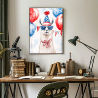 Playful watercolor of a llama wearing a stars and stripes hat and sunglasses standing in front of bunting and balloons in red white and blue Poster