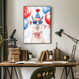 Playful watercolor of a llama wearing a stars and stripes hat and sunglasses standing in front of bunting and balloons in red white and blue Poster