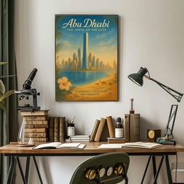 Abu Dhabi Cityscape with Camels Travel Poster