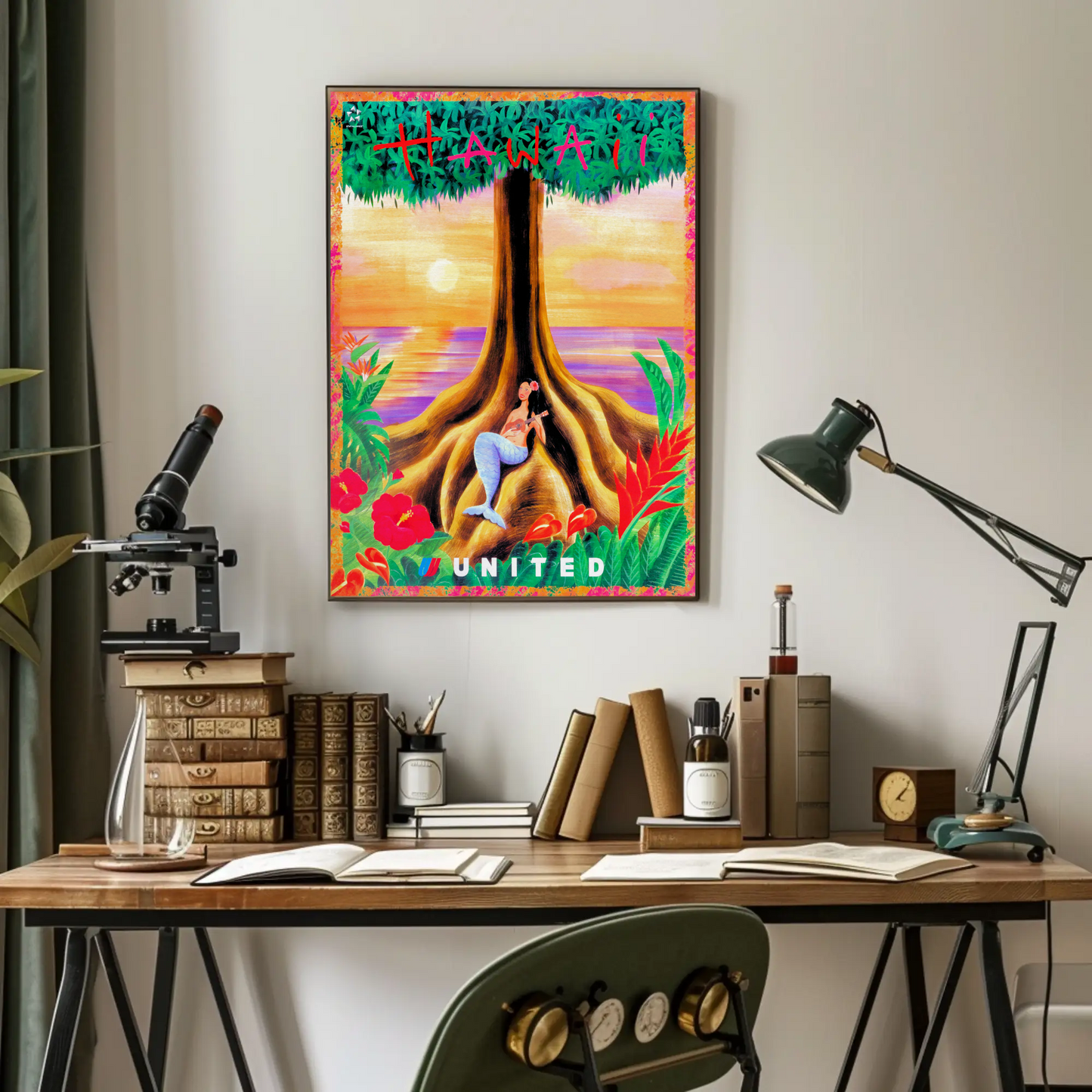 Hawaii Mermaid Tree Sunset United Travel Poster