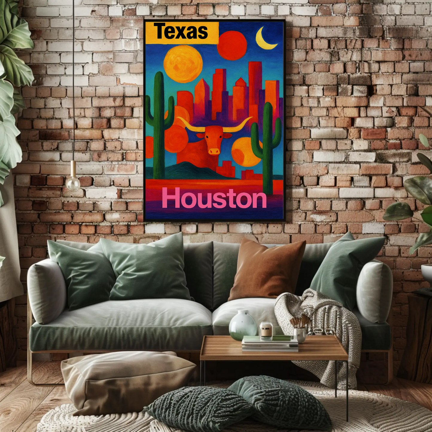 Texas Houston Longhorn Cactus Sunset Cityscape Vintage Travel Poster