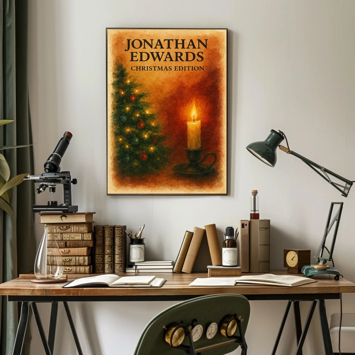 Warm Christmas Setting, Ornaments and Candle Art Poster