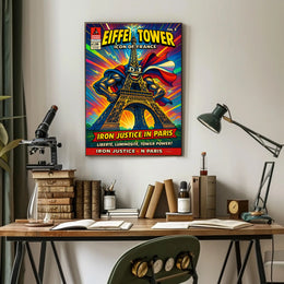Eiffel Tower Superhero Comic Art Cultural Poster