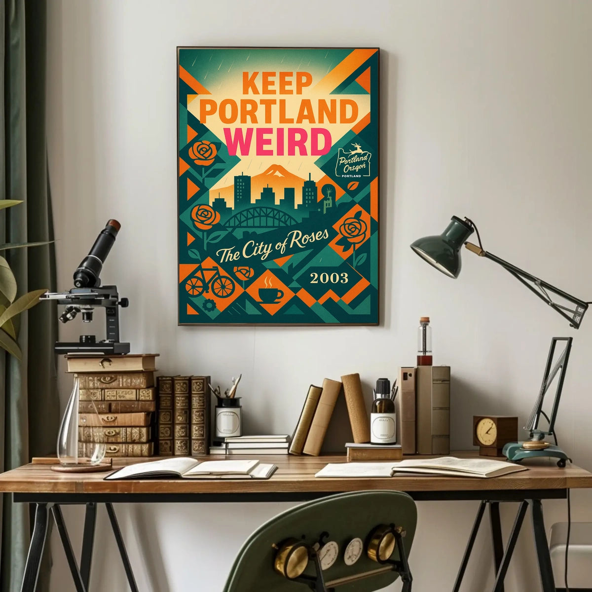 Portland Oregon Vintage Skyline Poster with Local Icons