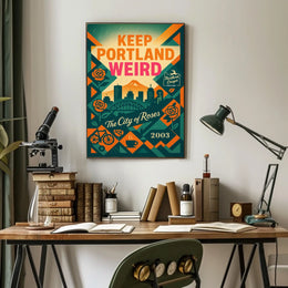 Portland Oregon Vintage Skyline Poster with Local Icons