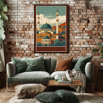 Turkey Mosque Minarets Hillside Sunset Vintage Travel Poster