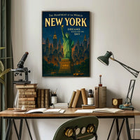 New York City Skyline Cityscape Poster Vintage Wall Art