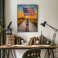Child Holding American Flag On Sunset Dirt Road Poster