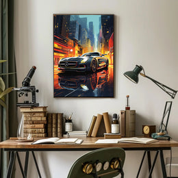 Futuristic Sports Car in Vibrant Cityscape - Futuristic Sci-Fi Poster