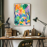 The poster depicts a vibrant and colorful landscape, likely representing a lush forest Travel Poster