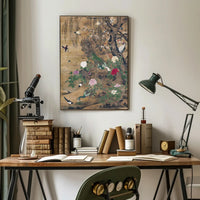 Serene Nature: Vibrant Peacocks and Blossoming Trees Poster