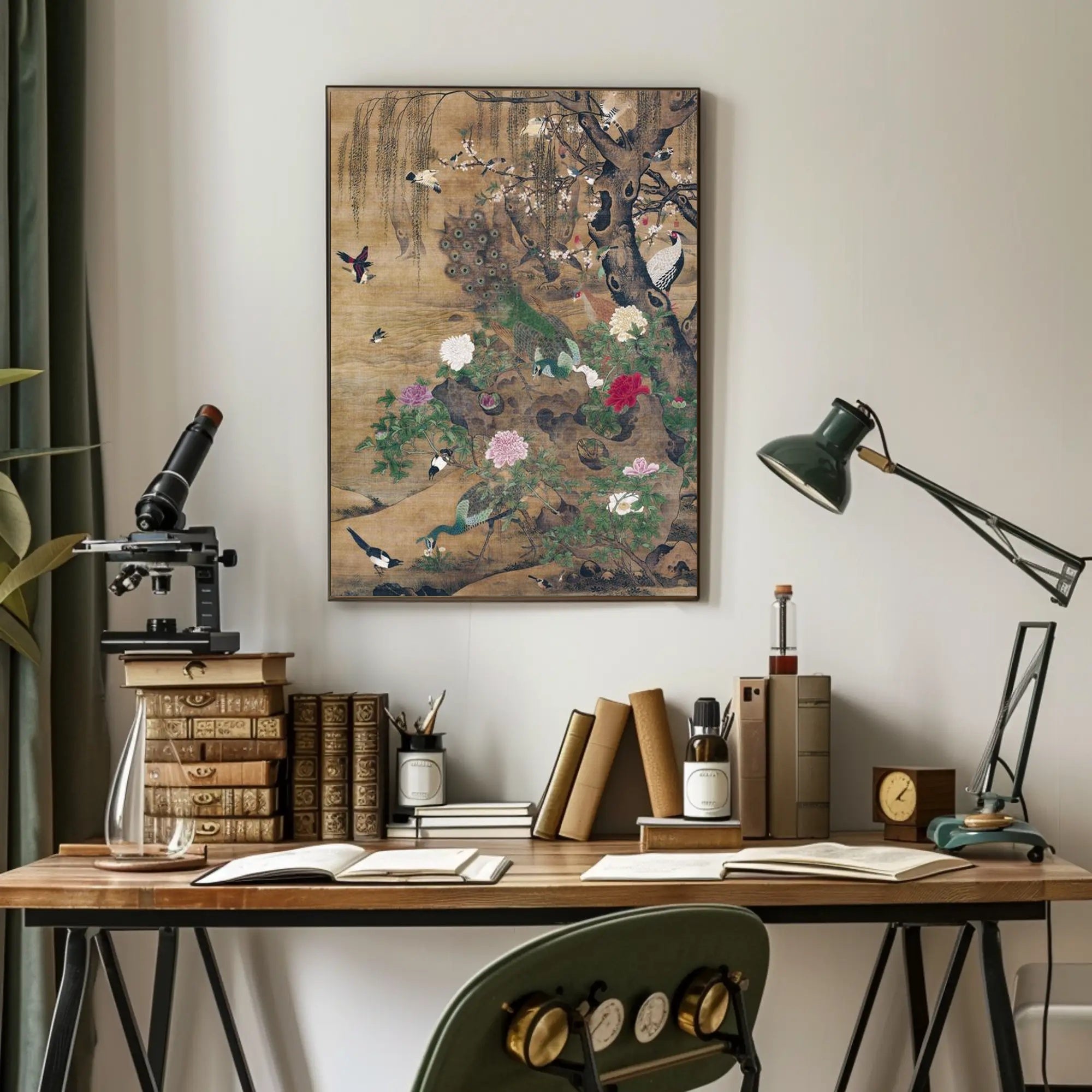 Serene Nature: Vibrant Peacocks and Blossoming Trees Poster