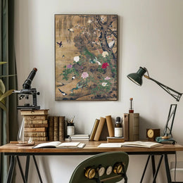 Serene Nature: Vibrant Peacocks and Blossoming Trees Poster