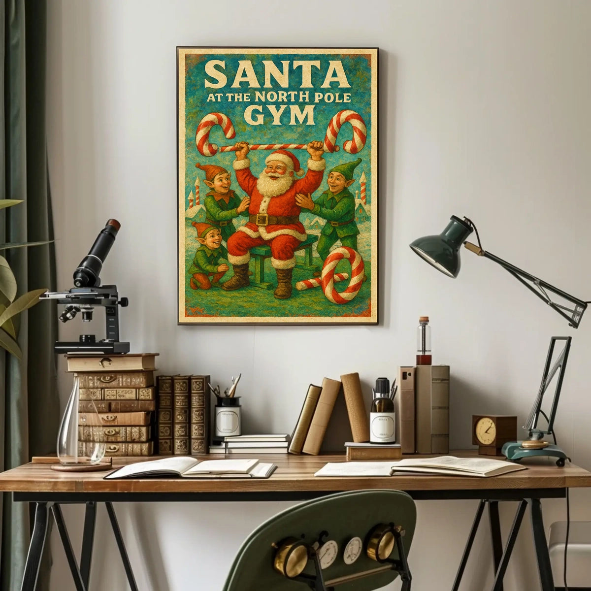 Santa's Whimsical Workout Festive Pop Culture Poster